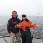 Willie T. with Jen C. showing off a girthy Vermilion Rockfish (Sebastes miniatus) Willie T. and Jen C. with a vermilion rockfish on a CCFRP trip