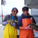 Vicky V. and Bonnie B. proudly displaying a constellation of China Rockfish (Sebastes nebulosus) Vicky V. and Bonnie B. each holding a china rockfish on a CCFRP trip