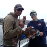 Ben E. with Jackie M. holding up a Cabezon (Scorpaenichthys marmoratus) Ben E. and Jackie M. with a cabezon on a CCFRP trip