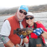 Mike I. and Jen C. bonding over a Black and Yellow Rockfish (Sebastes chrysomelas) Mike I. and Jen C. with a black and yellow rockfish on a CCFRP trip