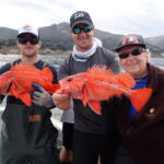 Jack J., Nick I. and Joan B. riding the Vermilion Rockfish (Sebastes miniatus) train Jack J., Nick I., and Joan B. with two vermilion rockfish on a CCFRP trip