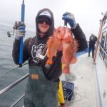 Jack J. about to descend a Canary Rockfish (Sebastes pinniger) and a Copper Rockfish (Sebastes caurinus) Jack J. about to descend a Canary Rockfish and a Copper Rockfish on a CCFRP trip