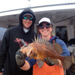 Nick I. and Bonnie B. giving us a great view of a Quillback Rockfish (Sebastes maliger) Nick I. and Bonnie B. with a Quillback Rockfish on a CCFRP trip