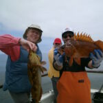 Don M. and Dante D. show off a Lingcod (Ophiodon elongatus) and a tagged Copper Rockfish (Sebastes caurinus) Don M. and Dante D. show off a Lingcod (Ophiodon elongatus) and a tagged Copper Rockfish (Sebastes caurinus) caught on a CCFRP trip