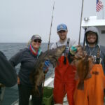 Debbie H., Chandler S.H., and Wyatt P. with a double catch of Lingcod (Ophiodon elongatus) and Copper Rockfish (Sebastes caurinus) caught and released in the Piedras Blacnas MPA Debbie H., Chandler S.H., and Wyatt P. with a double catch of Lingcod (Ophiodon elongatus) and Copper Rockfish (Sebastes caurinus) caught and released in the Piedras Blacnas MPA