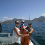 Francis G., Rose D., and Ellie B. show off a double catch of Pacific Sanddabs (Citharichthys sordidus) Francis G., Rose D., and Ellie B. show off a double catch of Sanddabs (Citharichthys sordidus) caught on a CCFRP trip