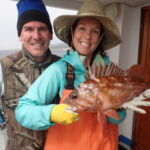 Erin S. and a volunteer angler show off a Copper Rockfish (Sebastes caurinus) tag recapture! This fish was originally tagged in the Piedras Blancas MPA, swam ~220 miles and grew about 12 cm in it's 4+ years at liberty! Erin S. and a volunteer angler show off a Copper Rockfish (Sebastes caurinus) tag recapture! This fish was originally tagged in the Piedras Blancas MPA, swam ~220 miles and grew about 12 cm in it's 4+ years at liberty!