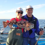 Jen C. and Dave K. are all smiles with a Lingcod (Ophiodon elongatus) that was caught and released in the north-central coast MPAs Jen C. and Dave K. are all smiles with a Lingcod (Ophiodon elongatus) that was caught and released in the north-central coast MPAs