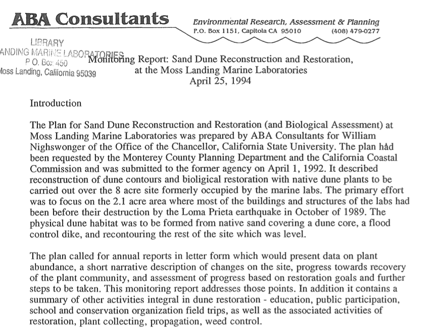 Monitoring Report: Sand Dune Reconstruction and Restoration at the Moss Landing Marine Laboratories