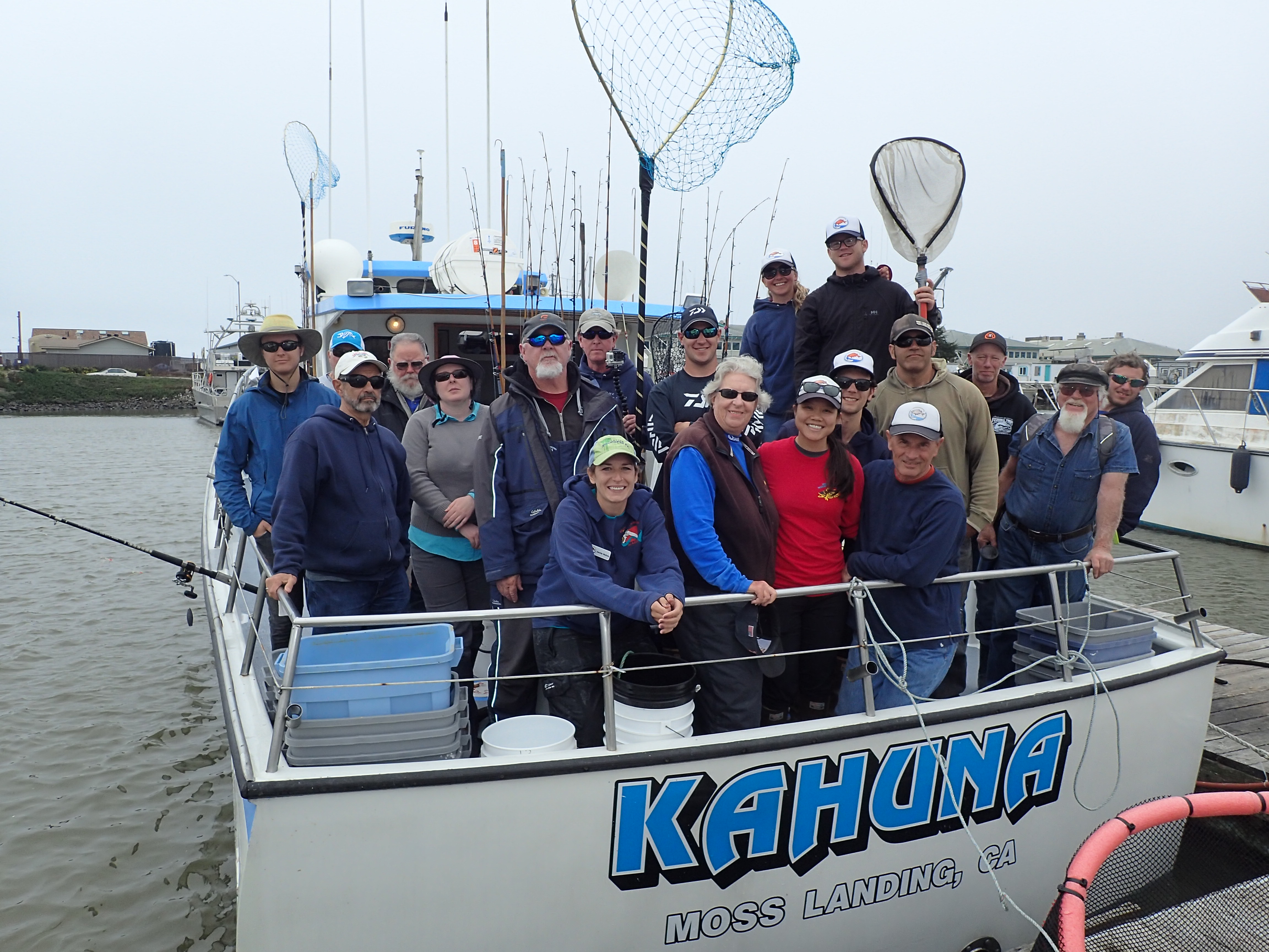 Volunteer anglers and science crew on the kahuna at the end of a CCFRP trip