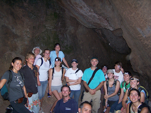 Dr. Ivano Aiello surrounded by his adoring Geological Oceanography students in a cave at Pinnacles National Monument