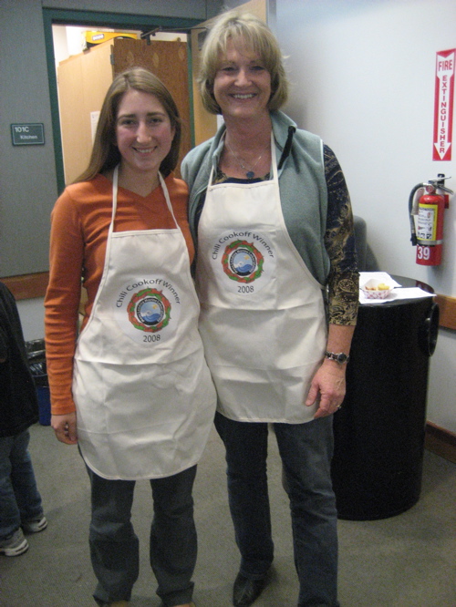 Rosemary Romero, best vegetarian chili, and Dr. Shannon Bros-Seemann, best meat chili, model their prizes!