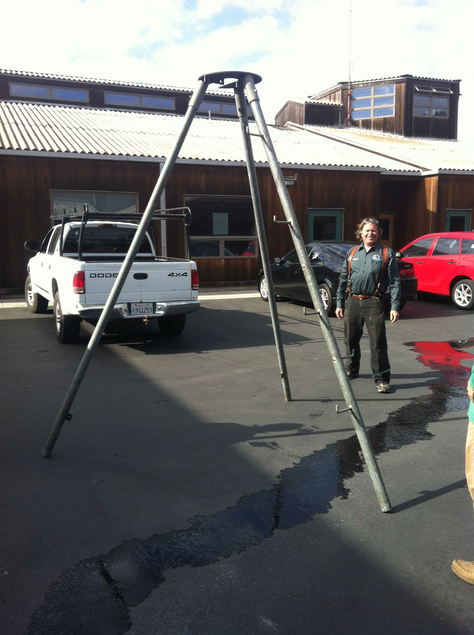 Our first attempt at putting together the tripod after we fabricated each piece. Photo by: Catherine Drake.