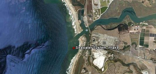 Location of the intake pipes offshore. Image: MLML/Google Earth (2013)