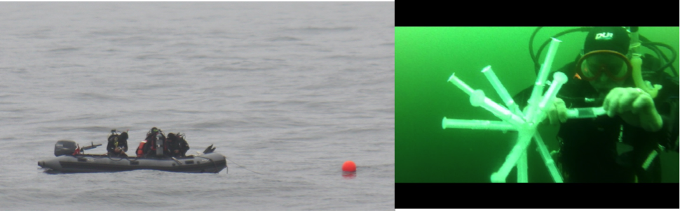 (Left) Dive Team FOG readies to deploy. (Photo by Holly Chiswell). (Right) Dr. Coale secures a sample. (Photo by Alex Olson).