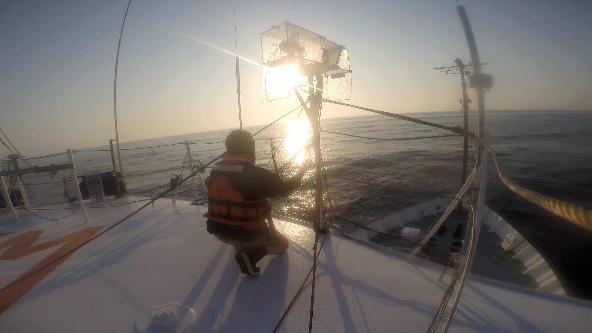 Collecting fog samples shortly after escaping an offshore fog bank.