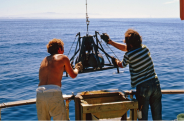 John Oliver & Al Hodgson lowering Smith-McIntyre grab to collect benthic samples for Sea Grant project.