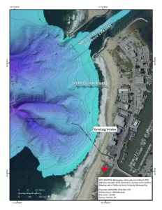 The Monterey Submarine Canyon has a number of heads that abut Moss Landing. The intake for the MLML seawater system sits offshore of MBARI (to the northwest of the MLML pump house), on a small plateau between two heads of the canyon. The red star represent the location of the old lab prior to the 1989 earthquake.