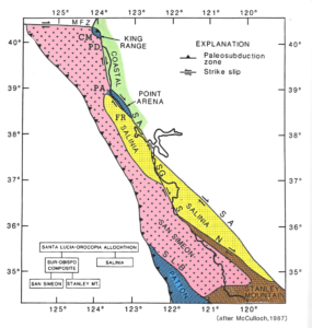 The San Andreas fault (SA) lays to the east of Monterey Bay with the western side moving northward and the eastward side moving southward. MLML is located on the Salinian Block of granite (in yellow).