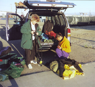Linda Kuhnz (on left) preparing for a dive, obviously dive gear is not needed for studying legless lizards.