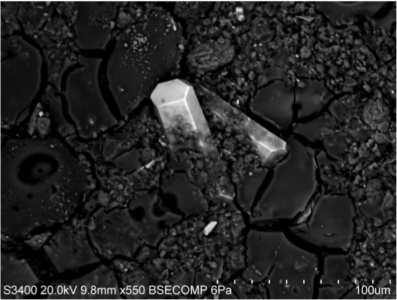 Backscattered electron microscopy showing very bright (much denser) crystals of celestite (strontium sulfate) embedded in a matrix of mostly dissolved coccoliths of Pliocene and Pleistocene age. This specimen comes from the fluid mud floating in the Urania Basin, one of the first deep water hypersaline anoxic basins ever discovered. Photo Ivano Aiello.