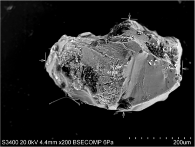 No is not a meteorite! In paleoceanography a speck of sand can tell a lot. This one tells us a history of ancient glaciers and icebergs that occurred in the Bering Sea more than a million of years ago. Note the clear cut on the right side of the grain indicating mechanical breaking typical of glacial environments. Photo Ivano Aiello.