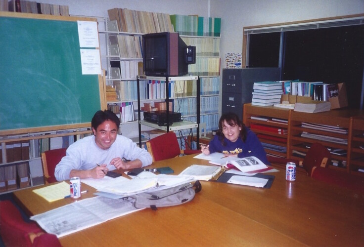 Figure 1. Tomo Eguchi and Erica Burton doing Statistics Class homework in Salinas trailer study room (which also served as journal and map storage, TV room, computer lab, copier room, snack and soda machine vending, and lounge area).