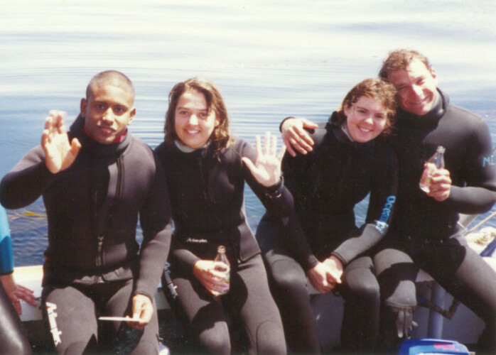 Figure 4. John Heine’s Dive Class aboard R/V Ricketts. Pictured left to right: Tony Orr, Erica Burton, Michele Jacobi, Matt Edwards.