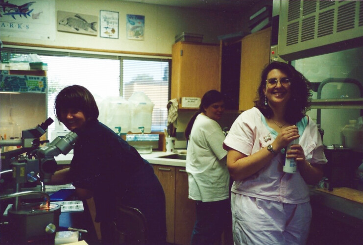 Figure 5. Fish-ageing quarter of the Ichthyology Lab Trailer. Pictured left to right: Korie Johnson, Schaeffer, Dawn Outram, and Julie Neer.