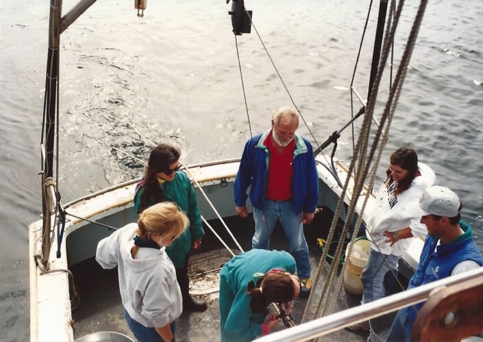 Figure 7. Fall 1993 Fisheries Class cruise aboard R/V Ricketts. Pictured left to right: Heather, Leigh Nerney, Erica Burton, Dr. Gregor Cailliet, Dawn Outram, and Karl Mayer.