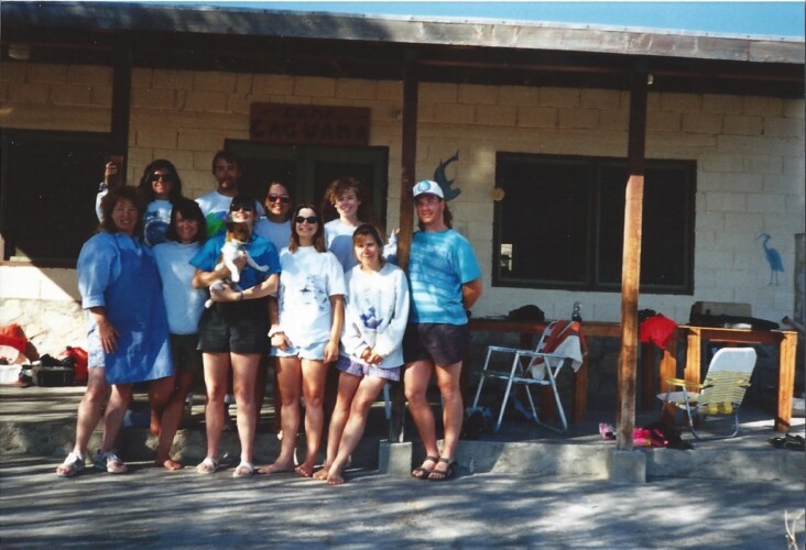 Figure 8. Spotted Sand Bass ageing fieldwork crew in Bahia de Los Angeles, Baja California, Mexico during Spring Break 1994. Pictured left to right: Shirley Andrews, Cheryl Baduini Zaricki, Korie Johnson Schaeffer, Tony Bennett, Tanya Sozanski Bennett, Erica Burton, Lara Ferry, Lisa Kerr Lobel, Doreen Moser Gurrola, and Allen Andrews.