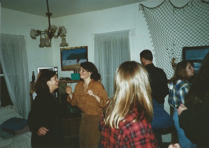 Figure 9. Dancing at Blue House party. Pictured left to right: Jonna Engel, Karen Crow, unknown, Mark Pranger, and Lara Ferry.
