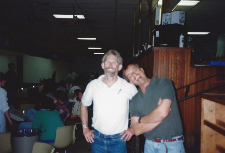 Figure 11. Dive Instructor John Heine and Dr. Ken Johnson at Bowling Tournament, looking confident in claiming bowling trophy. In background: Michelle Lander, Michele Jacobi, Cheryl Baduini Zaricki, Brendan Daly, and MLML students.