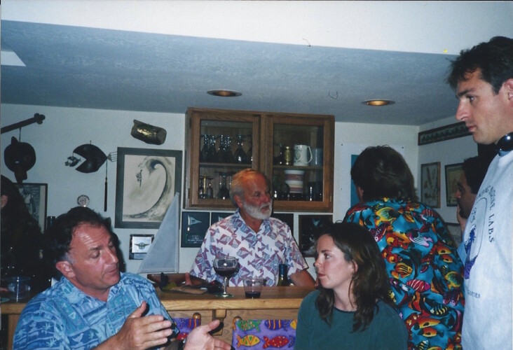 Figure 13. Dr. Greg Cailliet holds court at his Ichthyology Lab house party. Pictured left to right: Rick Starr, Greg Cailliet, Lisa Ziobro de Marignac, Allen Andrews, Joe Bizzarro, and Jean de Marignac.