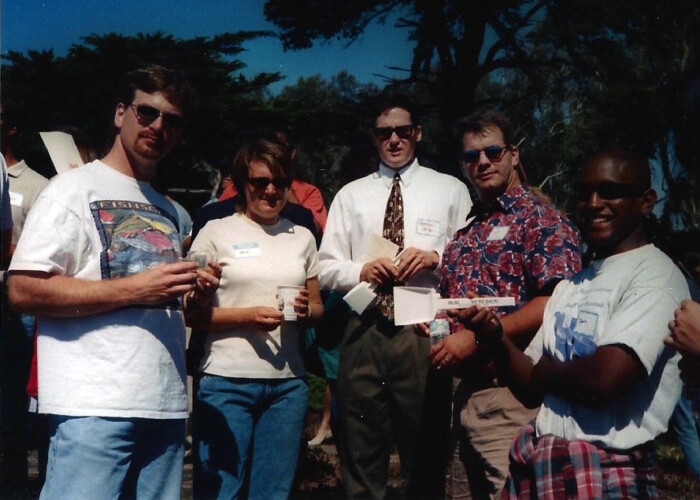 Figure 14. MLML Ground Breaking ceremony on the hill, September 1997. Pictured left to right: Allen Andrews, Korie Johnson Schaeffer, Brendan Daly, Ned Laman, and Tony Orr (holding souvenir shovel, “MLML, We’re Back!”).