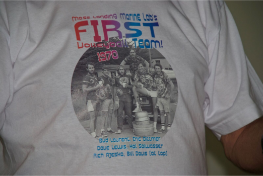 First MLML volleyball team: Bud Laurent (modelling the shirt), Eric Dittmer, Dave Lewis, Hal Salwasser, Rich Ajesko, and Bill Davis (on top). I like the shirts. Photo by Serafina Versaggi.