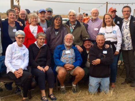 Greg Cailliet surrounded by MLMLers: Front row, L to R: Monica Farris, Lynn Krasnow, Greg Cailliet, Roger Helm, Steve Locy. Back row, L to R: Michele Karpov, unknown, Susan Chinburg, Sara Tanner, Steve Lasley, Jim Oakden, Chris Jong, Bruce Stewart, , Rod McInnis, Mary Yoklavich, Roger Odgren, and Bob Cowen.
