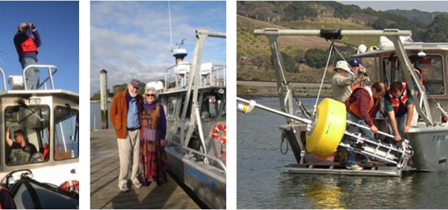 R/V Sheila B (2001 - present): 32 feet, 1 crew, 6 scientists. Works in Monterey Bay, Elkhorn Slough and is trailerable. Pictured are survey team atop wheel house, Alan and Sheila Baldridge (Sheila B), and deploying mooring in Elkhorn Slough.