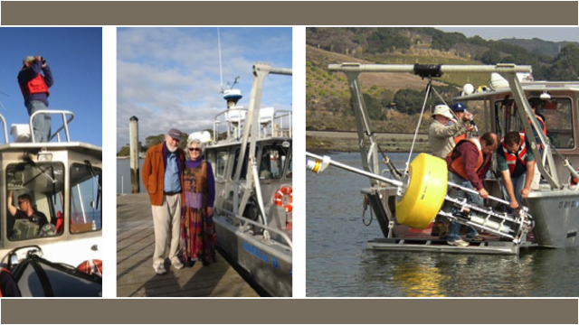R/V Sheila B (2001 - present): 32 feet, 1 crew, 6 scientists. Works in Monterey Bay, Elkhorn Slough and is trailerable. Pictured are survey team atop wheel house, Alan and Sheila Baldridge (Sheila B), and deploying mooring in Elkhorn Slough.